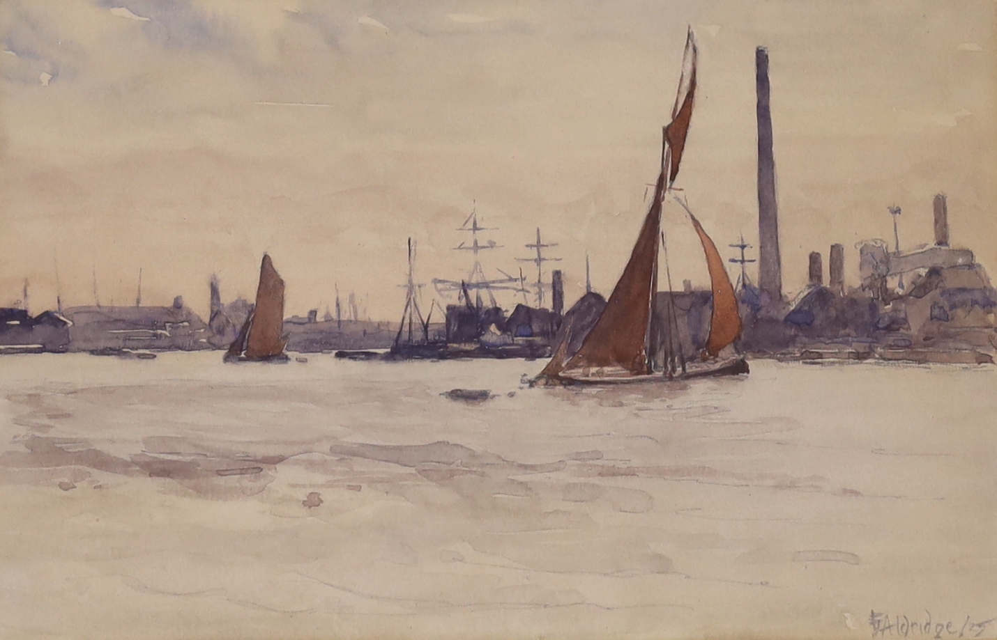 Attributed to Frederick James Aldridge (1850–1933), watercolour, Thames at Greenwich, signed and dated '25, 16 x 24cm